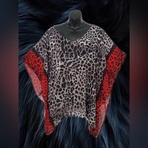 Lane Bryant Black, Res, & Gray Leopard Print Blouse